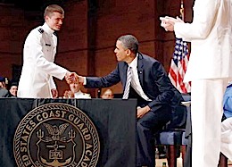 President Obama peeks at Goast Guard Academy Plaque