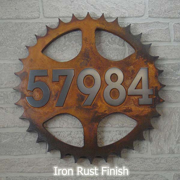 Sprocket Steampunk Address Plaque in an Iron Rust Finish